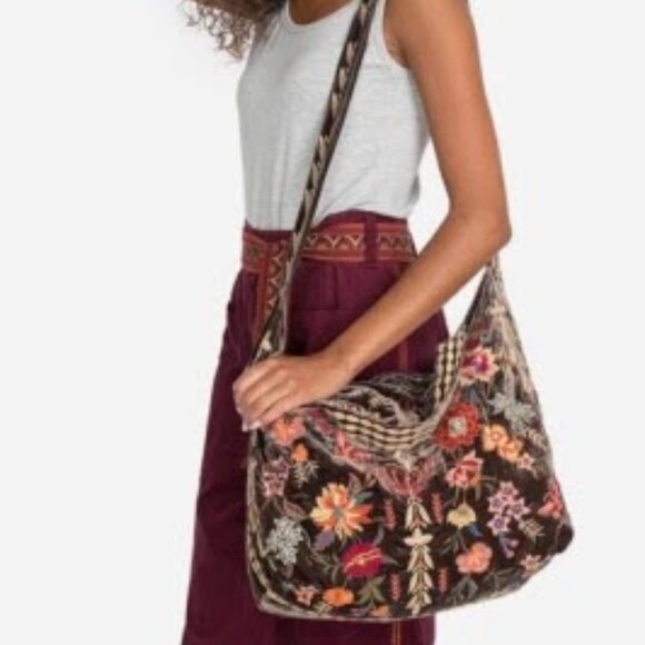 Johnny Was Taline Velveteen Hobo Tote Bag in Coffee Bean Brown - Picture 1 of 9